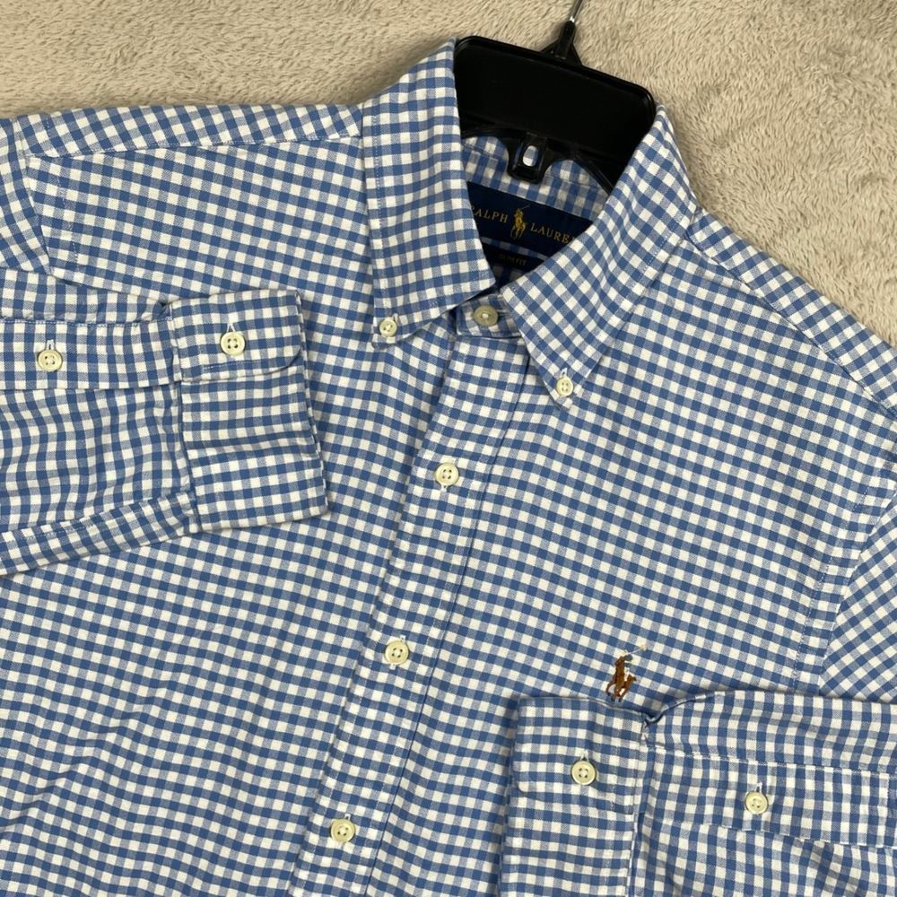 Ralph Lauren Shirt Mens Small Slim Fit Blue Gingham Check Flesh Pony Oxford